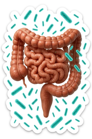 intestino umano anatomico realistico con batteri intestinali turchesi che fluttuano intorno, IPERREALISTICA 4K sticker