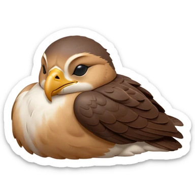Meme-Worthy Cute Sleeping Falcon Portrait Emoji, Head resting peacefully with a contented smile, showcasing a streamlined, powerful form with eyes gently closed in serene slumber and a subtly curved beak, Simplified yet adorably endearing features, highly detailed, glowing with a soft, drowsy light, high shine, relaxed and utterly lovable, stylized with an air of playful laziness, soft glowing outline, capturing the essence of a sleeping falcon that feels destined to become the next viral icon of adorable rest! sticker