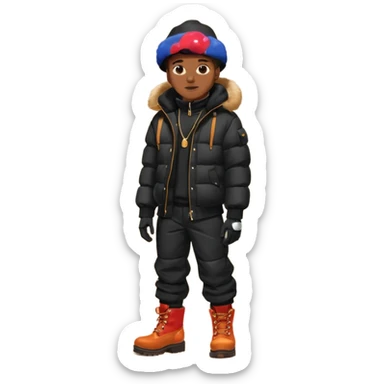 Handsome Black grown man with brown skin tone, wear black joggers, a black bubble coat with a fur brim on the hood, and buckwheat timberland boots, and black gloves sticker