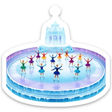 An icon of a theatrical ice show with close-up costumed figure skaters performing a dramatic scene on a glowing ice stage. Spotlights, colorful scenery, and a cheering audience in a grand arena convey the magic and artistry of the ice performance. Transparent background included. sticker