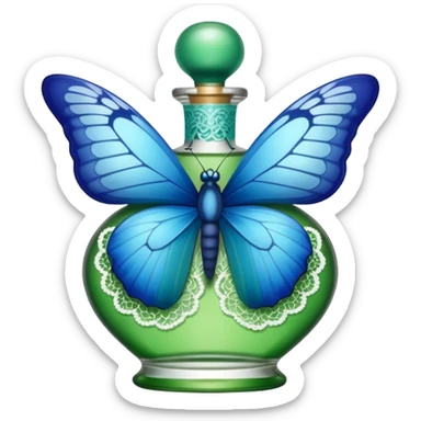 single blue butterfly on the edge of a green perfume bottle with lace details sticker