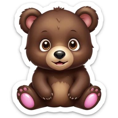 Cinematic Cute bear cub Portrait Emoji, Head tilted playfully and inquisitively, featuring a glossy dark brown fur with a natural sheen and round, sparkling eyes filled with gentle curiosity, Simplified yet irresistibly adorable features, highly detailed, glowing with a warm, friendly glow, high shine, affectionate and mighty, stylized with a touch of woodland whimsy, bright and endearing, soft glowing outline, capturing the essence of a mischievous yet loving bear cub, so playful it feels like it could amble out of the screen and into your arms! sticker