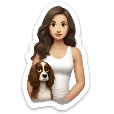 Russian woman with long dark brown hair in a white singlet sits with ocker spaniel sticker