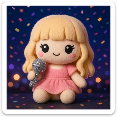 Pretty and girly Blonde pop star with bangs, holding a bedazzled microphone, reimagined as a soft kawaii plushie doll, with a nighttime concert backdrop with colorful confetti sticker