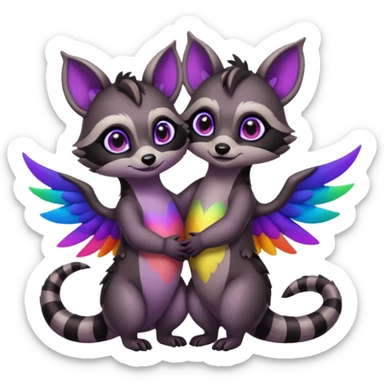 2 black female raccoon dragon hybrids with rainbow colored wings and purple eyes hugging sticker