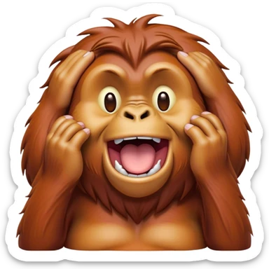 Cinematic Cute Yawning Orangutan Portrait Emoji, Head tilted slightly with a dramatic, wide-open yawn, showcasing a richly textured face with half-closed, sleepy eyes and a relaxed, open expression, Simplified yet irresistibly adorable features, highly detailed, glowing with a soft, cozy jungle glow, high shine, relaxed yet expressive, stylized with a dash of whimsical charm, soft glowing outline, capturing the essence of a drowsy yet affectionate guardian that appears ready to stretch out for a nap! sticker