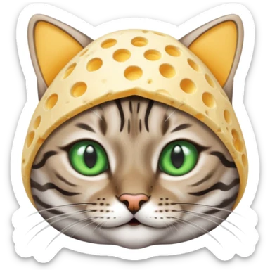 Sliver bengal cat with green eyes wearing a cheese hat sticker