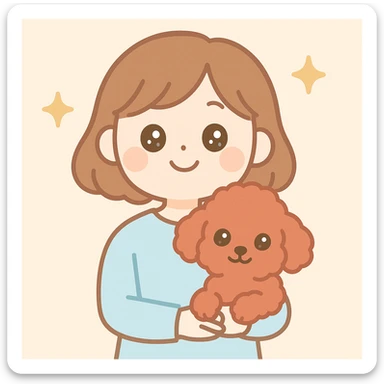 a cheerful woman and her red toy poodle, adorable and loving, light colors, subtle background sticker