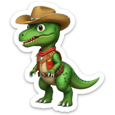 trex dinosaor with cowboy helmet with cowbot clothes sticker