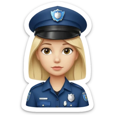 A blonde woman wearing a dark police hat with a silver badge, looking straight ahead with a calm expression. sticker