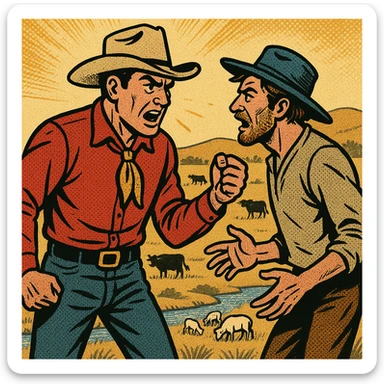 The full bodies of a wealthy male cattle ranch owner wearing a cowboy hat in a heated argument with a homesteader in the American West.  The background shows land with grazing cattle and sheep with a small stream. sticker