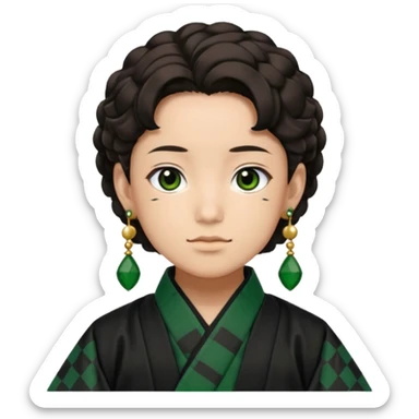 Tanjiro Kamado from Demon Slayer with black and green checkered haori and hanafuda earrings sticker