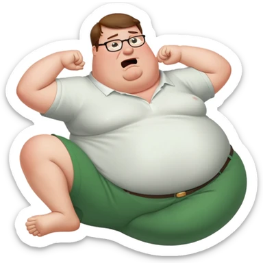 Peter Griffin from Family Guy with a very large pregnant belly, laying down on his back, sweating profusely, wearing green pants and white shirt sticker