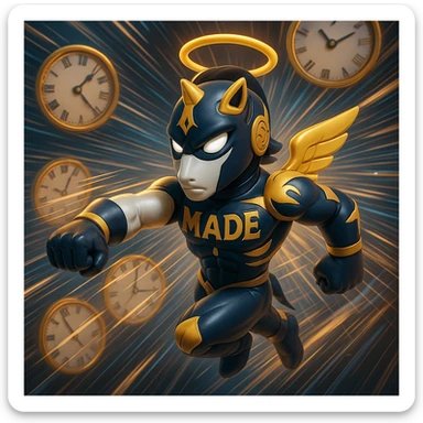 Add a dramatic time acceleration effect to Made in Heaven from JoJo's Bizarre Adventure in a dynamic, detailed 3D emoji style. Include elements like motion blur, speed lines, or clock motifs to emphasize the effect. sticker