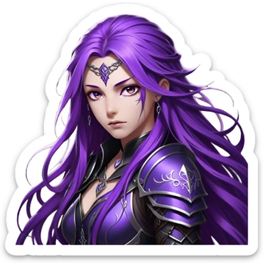 A mysterious warrior girl with long, flowing purple hair cascading down her back, strands catching the dim light like silk. Her piercing violet eyes glow beneath her furrowed brow, sharp with determination and wisdom beyond her years. She wears sleek black armor, a perfect fusion of elegance and lethality, adorned with intricate silver engravings resembling ancient runes. A dark cape billows behind her, torn at the edges from countless battles. sticker