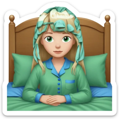 Woman with long dark blond hair and bang woth blue eyes alone in bed  with green pyjama sticker
