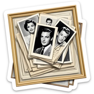 Icon for Autograph Collecting: several vintage framed with signatures of famous celebrities sheets stacked one on top of the other, each . The icon should evoke the charm and history of collecting autographs. Transparent background. sticker