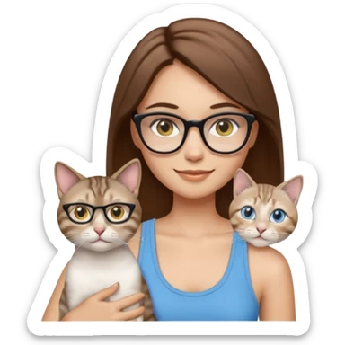 iOS-style emoji of a light-skinned girl with straight medium brown hair, black glasses and a white tank top, holding two cats: one white with yellow eyes and one gray tabby Siamese with blue eyes. sticker