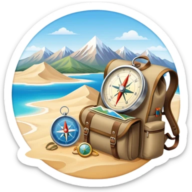 Icon for Expeditions: a compass, a map, and a backpack with trekking gear, set against a backdrop of snowy mountains, sand dunes, and tropical islands. The icon should represent the spirit of adventure and exploration in diverse landscapes. Transparent background. sticker