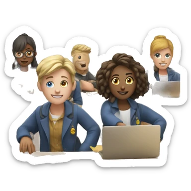 2 European students sitting at desks. They are throwing bags sticker