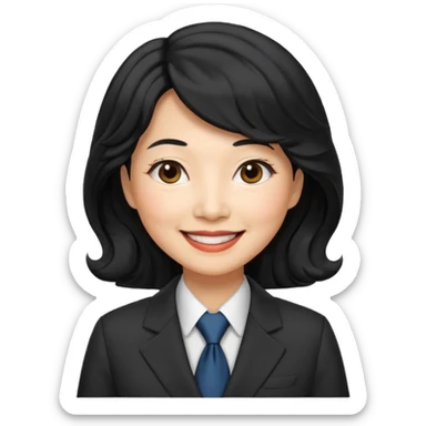 60 yr old asian woman, wavy thick black hair, side part, side swept bang, big smile, business suit sticker
