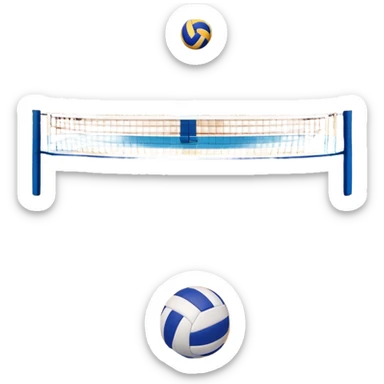 A close-up of a volleyball on the court, with the net in focus and the court markings visible. The background shows the stands filled with spectators, creating an energetic atmosphere of a volleyball match, with attention to detail on the equipment and the surrounding environment. sticker