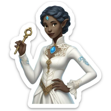 elf blue witch woman login holding a big key in white victorian dress, full body sticker