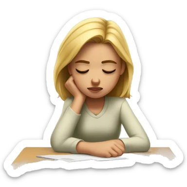 Girl with head down on desk frowning sticker