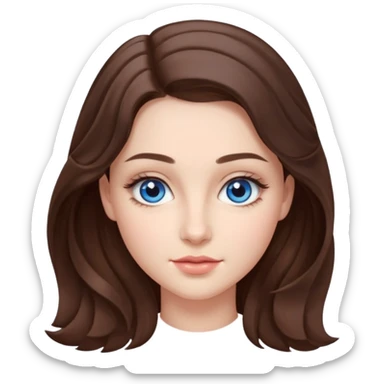 Realistic Student Portrait, with porcelain-like skin featuring a natural rosy flush, illuminated by soft lighting that highlights the gentle contours of her face. Her Brunette hair flows in soft, Her deep blue eyes radiate warmth and innocence, framed by arched brows and long lashes. sticker