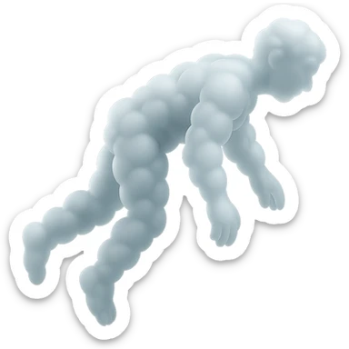 side view of unconscious person flying upwards by torso, legs and arms downwards, made of small very bright white fluffy convex clouds, matte glass style sticker