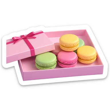 macaron gift box, various colors, iOS 3D emoji style, high detail, glossy finish, cute and appealing, premium feel sticker