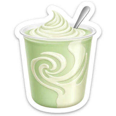 open cup of plant-based yogurt, creamy white with gentle swirls, lighter and silkier than dairy, minimal unbranded cup in pale green, no extras, soft lighting sticker