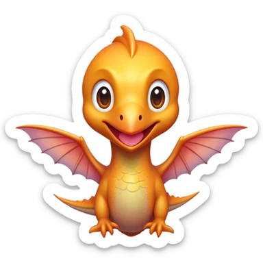 Cinematic Cute Pterodactyl Portrait Emoji, Head tilted playfully with a charming smile, featuring a diminutive, agile form with delicately curved wings and wide, sparkling eyes full of endearing wonder, Simplified yet irresistibly adorable features, highly detailed, glowing with a warm, inviting pastel glow, high shine, affectionate and lively, stylized with a touch of whimsical prehistoric charm, soft glowing outline, capturing the essence of a mischievous yet lovable Pterodactyl that seems as if it could flutter out of the screen into your arms! sticker