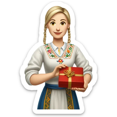 A female teacher in Ukrainian embroidery holds a gift in her hand sticker