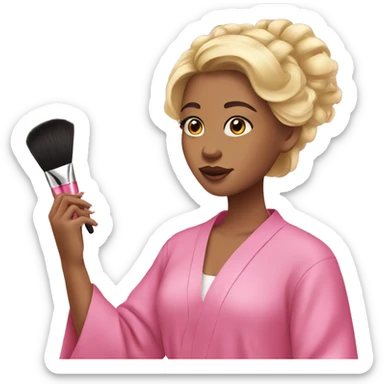 Girl with blonde hair and in pink robe doing makeup sticker