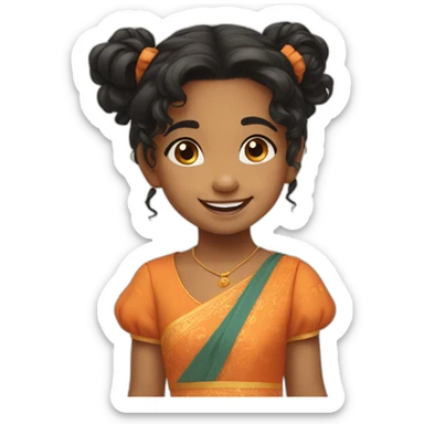 smiling and pointing 3 years old indian girl with black curly hair in pigtails wearing a orange dress sticker