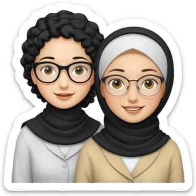 White hijabi girl with black eyes with another girl have long black hair wearing glasses with  another another girl have curly short  honey hair and wearing white glasses  sticker