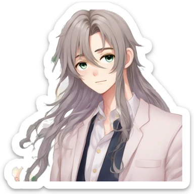 Gorgeous romantic hot attractive anime style modern gentlemanly anime shojo guy with long pretty lustrous hair and colorful eyes and blushing face aesthetic trending style  pastelcore cottagecore kawaiicore sticker