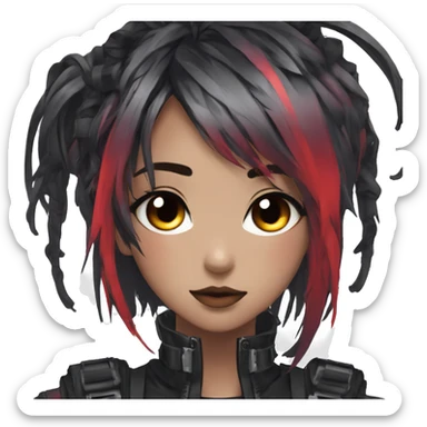 Gorgeous shiny colorful techwear anime style lady with blushing face aesthetic and pretty edgy black red punk messy hair with collar and harness trending style sticker