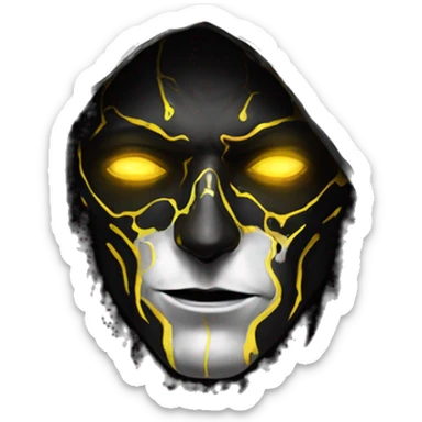 A digital painting of a SPECTRE, cyberpunk man with glowing yellow eyes and black and white face paint, wearing a dark hooded cloak, portrait, intricate details, silver ornate circular frame sticker
