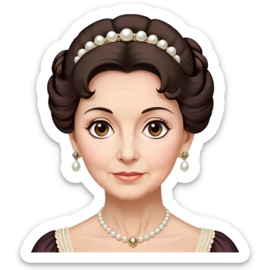 middle-old age lady with dark brown hair, styled in an elegant Regency-era updo, Soft brown eyes, kind but firm gaze, Wears delicate pearl earrings, sticker