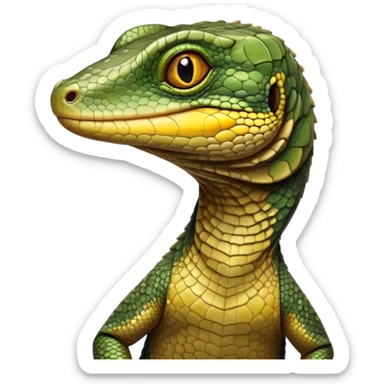 cinematic-realistic-cute-monitor-lizard-portrait-emoji,-head-tilted-playfully-and-inquisitively,-featuring-a-compact,-agile-body-with-finely-detailed,-glossy-scales-in-earthy-olive-hues-and-a-distinct,-alert-face-with-bright,-curious-eyes, yellow, brown spotted and green multi coloured  scales sticker