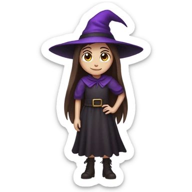 a young white thin girl with straight brown hair and dark eyes dressed as a witch with purple hat sticker