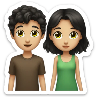 A girl with black hair and green eyes kisses a boy with brown hair and brown eyes sticker