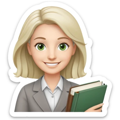 smiling English teacher with airtouch hair and grey-green eyes holding books and teaching materials sticker