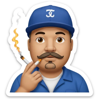 a fat dad in a hip hop cap with a tattoo, a cigarette in his mouth, and a mustache. sticker