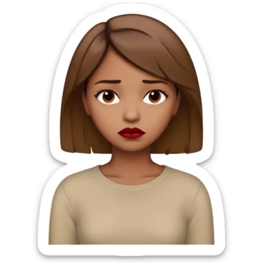 a brown girl with short light brown hair wearing a beige full sleeve and looking sad. dark red lip sticker