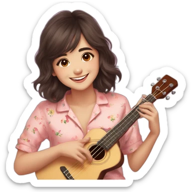 Shirley Setia long hair front looking smiling wearing pyjama playing ukulele  sticker