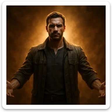 hyper realistic 4K cinematic image of a man with a powerful, protective aura, standing tall, open arms, dramatic warm lighting sticker