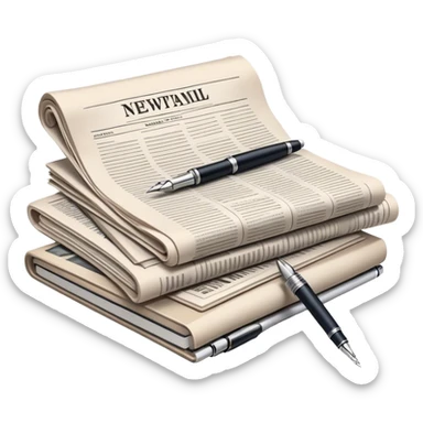 Create an emoji representing journalism and publicistic writing. The design should feature a stack of newspapers as the base, with an open working notebook placed on top of them. A single fountain pen should rest on the very top of the notebook, symbolizing the act of writing. Use neutral, professional colors like black, white, and muted tones to convey a sense of seriousness and intellect. Do not include any emojis or smiley faces. Make the background transparent. sticker